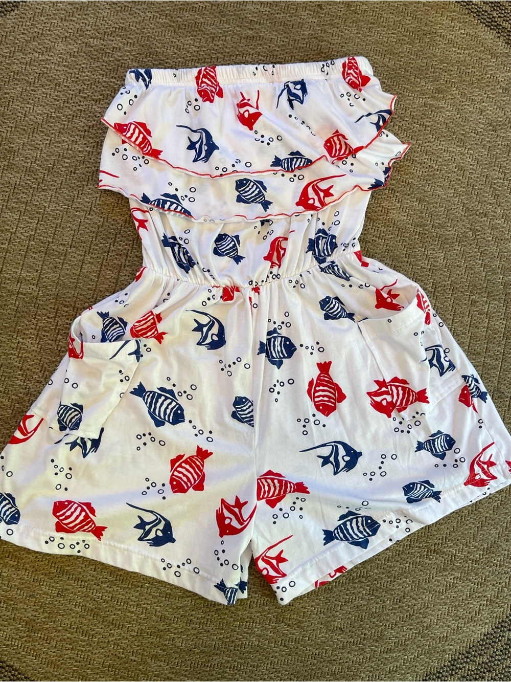 Strapless white romper with red & blue nautical fish print & ruffled neckline - Picture 6 of 10